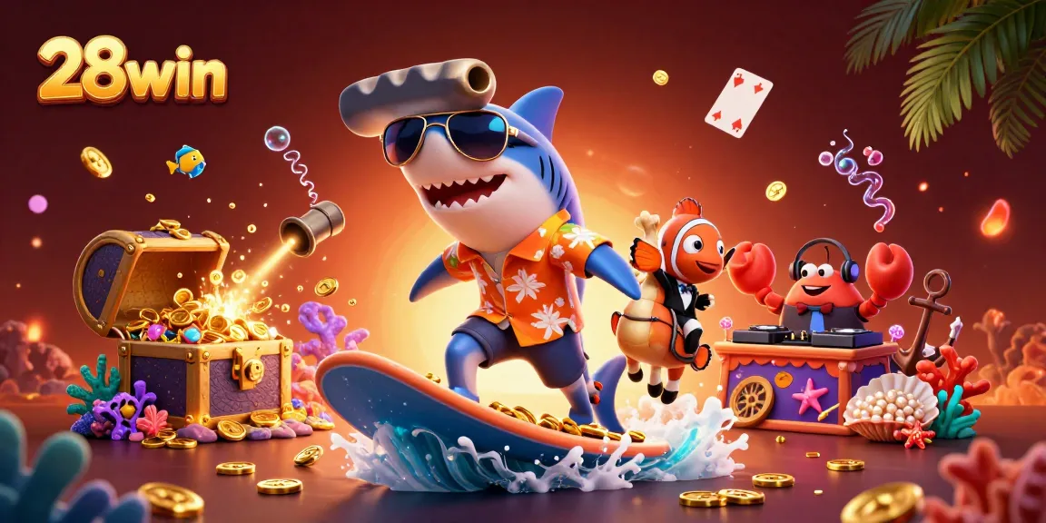 Experience the thrill of casino gaming with 28win amidst a vibrant underwater scene featuring colorful characters.