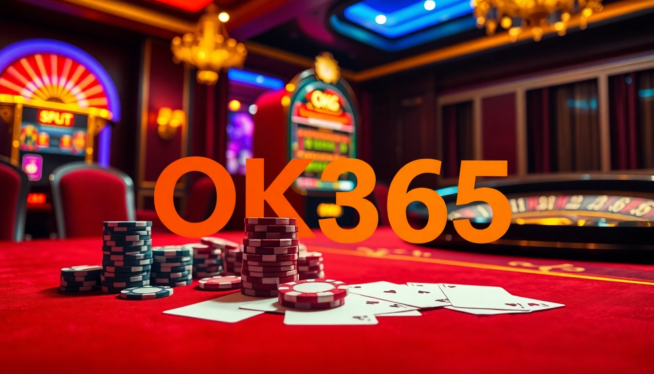 Engage in high-stakes poker at OK365's luxurious casino table featuring vibrant chips and cards.