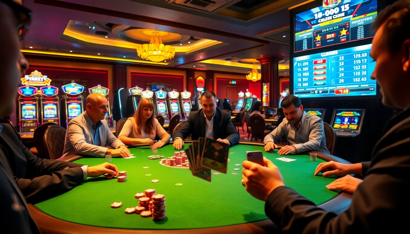 Engaging scene of gamers placing bets on trực tiếp bóng đá amidst a lively casino backdrop.