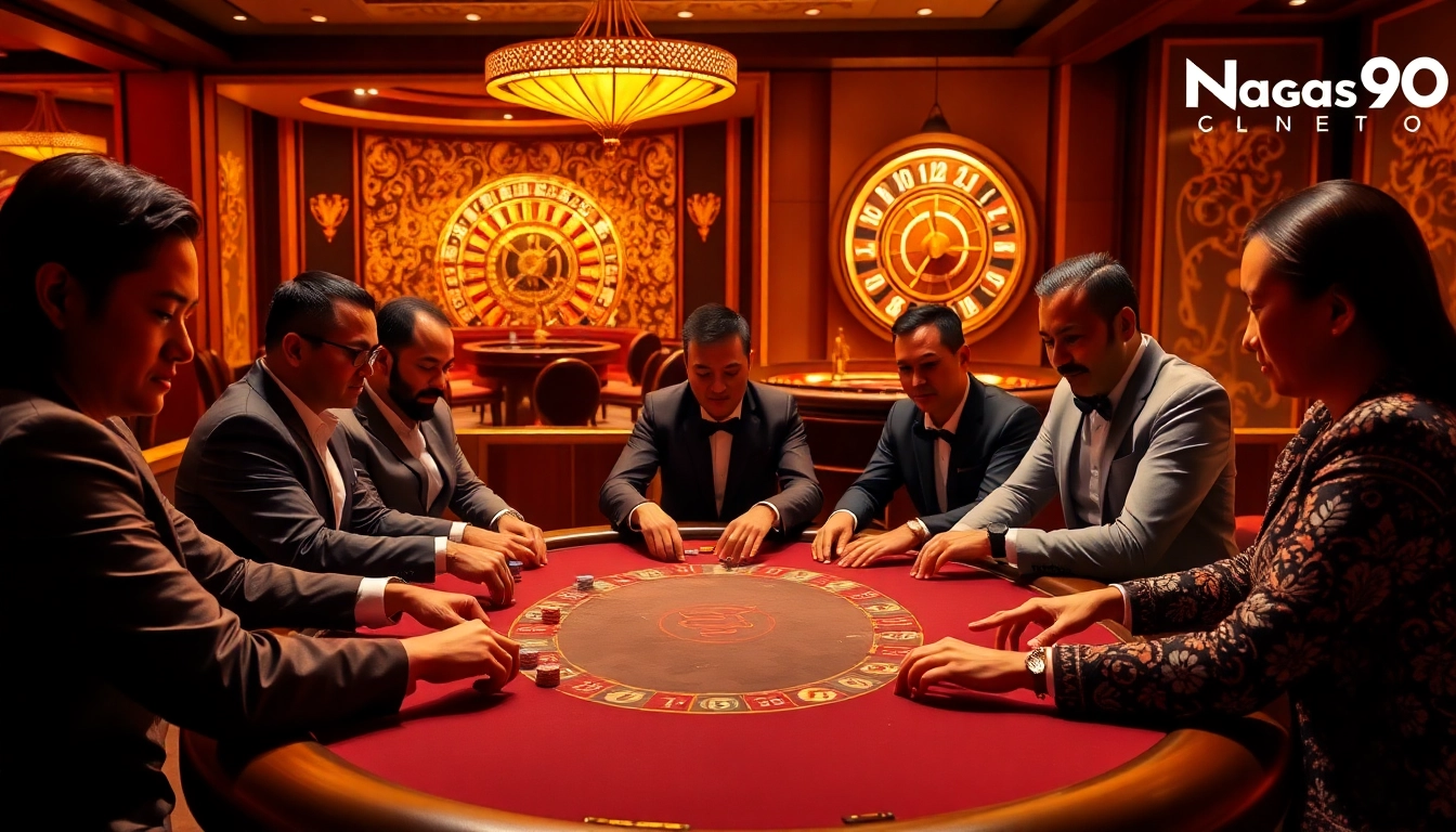 Naga99 poker players strategizing at a luxury casino table with vibrant chips and cards.