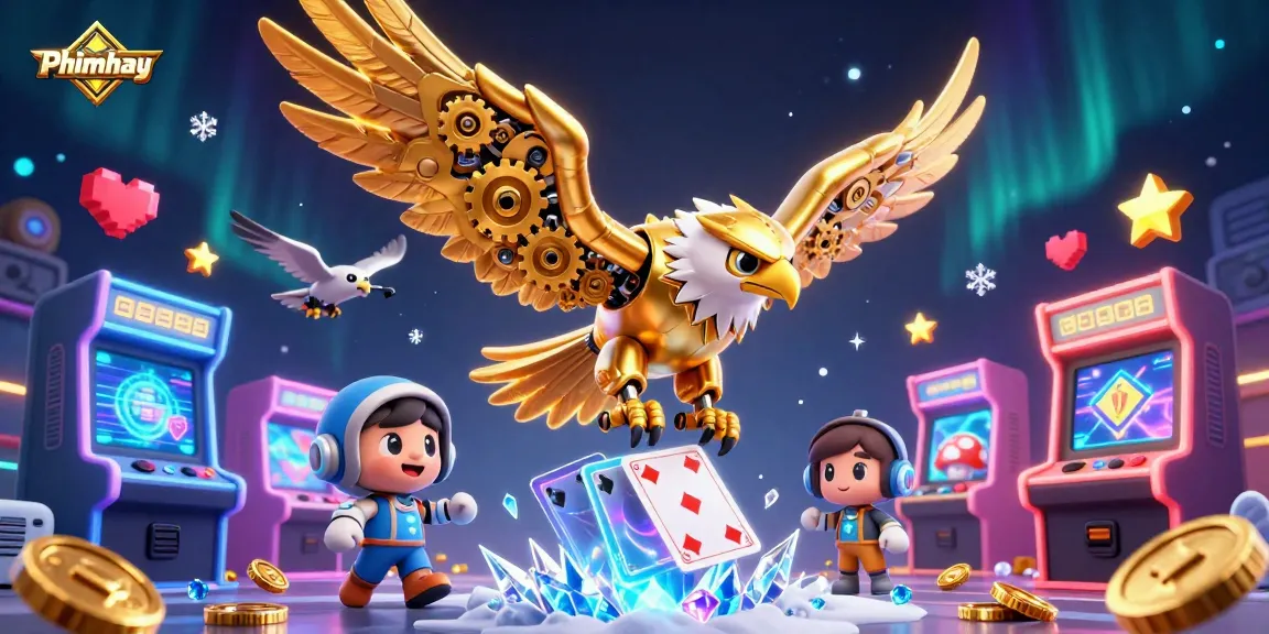 Engage with Phimhay's colorful 3D casino scene featuring a golden eagle experiencing vibrant gaming action.