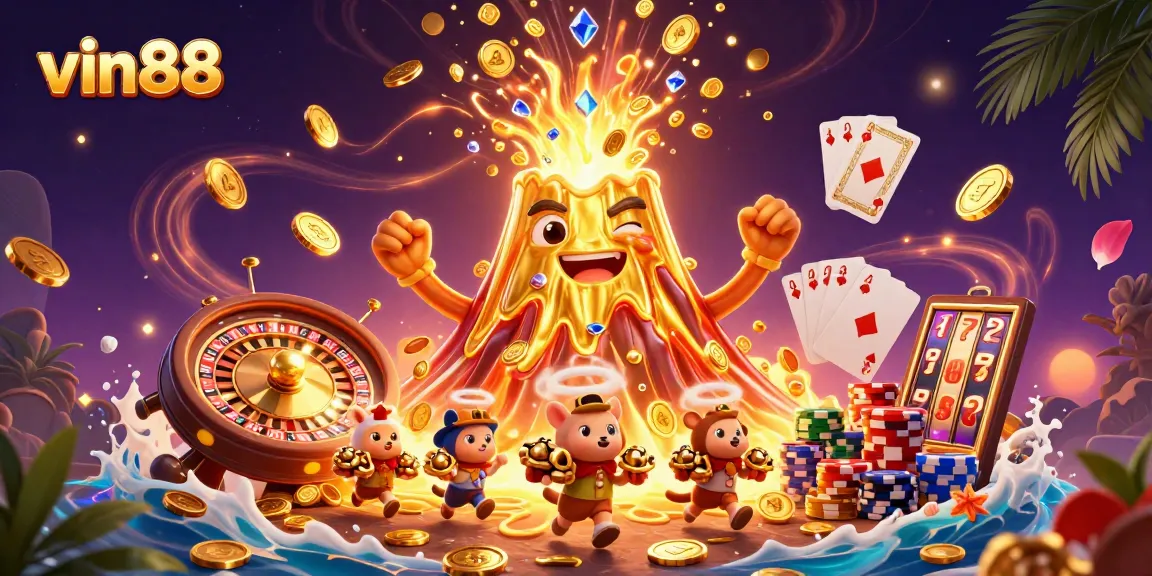 Celebrate big wins at vin88 with a majestic golden volcano erupting treasures in a vibrant casino scene.