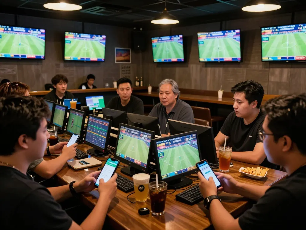 Patrons engaging in live sports betting using the kèo nhà cái 5 app in an energetic sports bar.