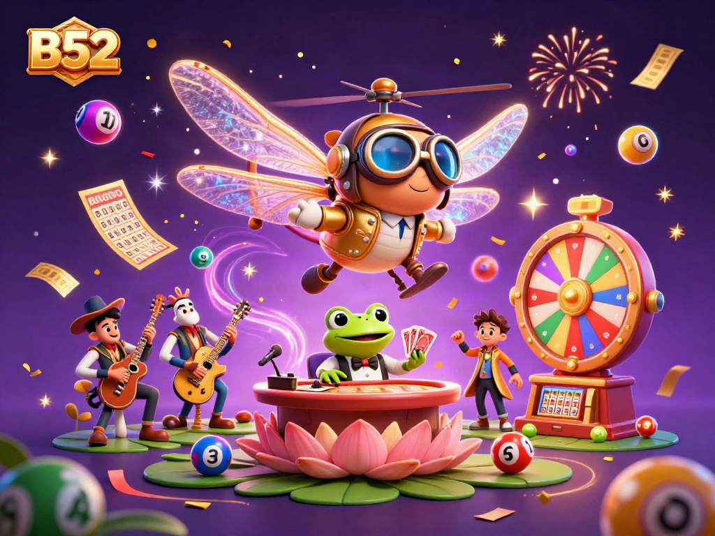 Engage with exciting B52 casino games featuring lively characters and vibrant lottery elements.