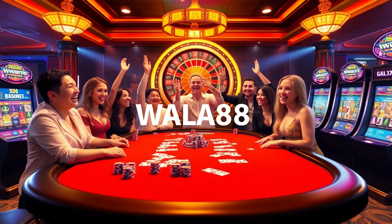 Engaging gamblers at WALA88's thrilling casino scene filled with poker chips and excitement.