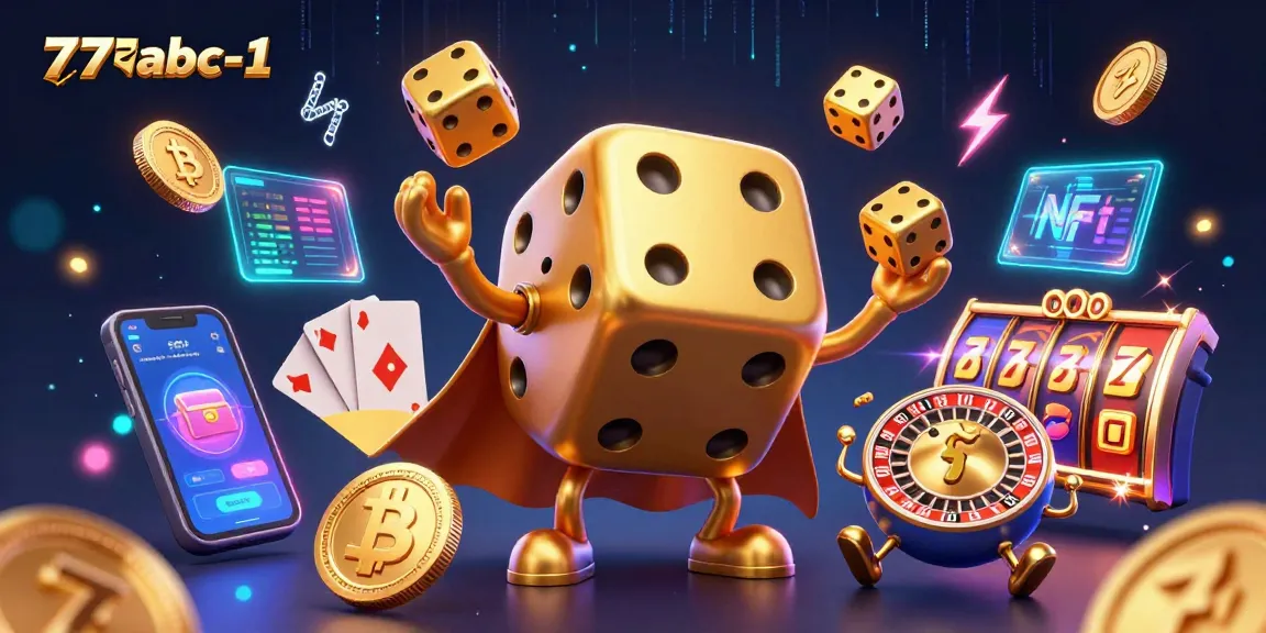 Engage in the exciting world of 77abc-1 as golden dice juggle neon coins and gaming elements.
