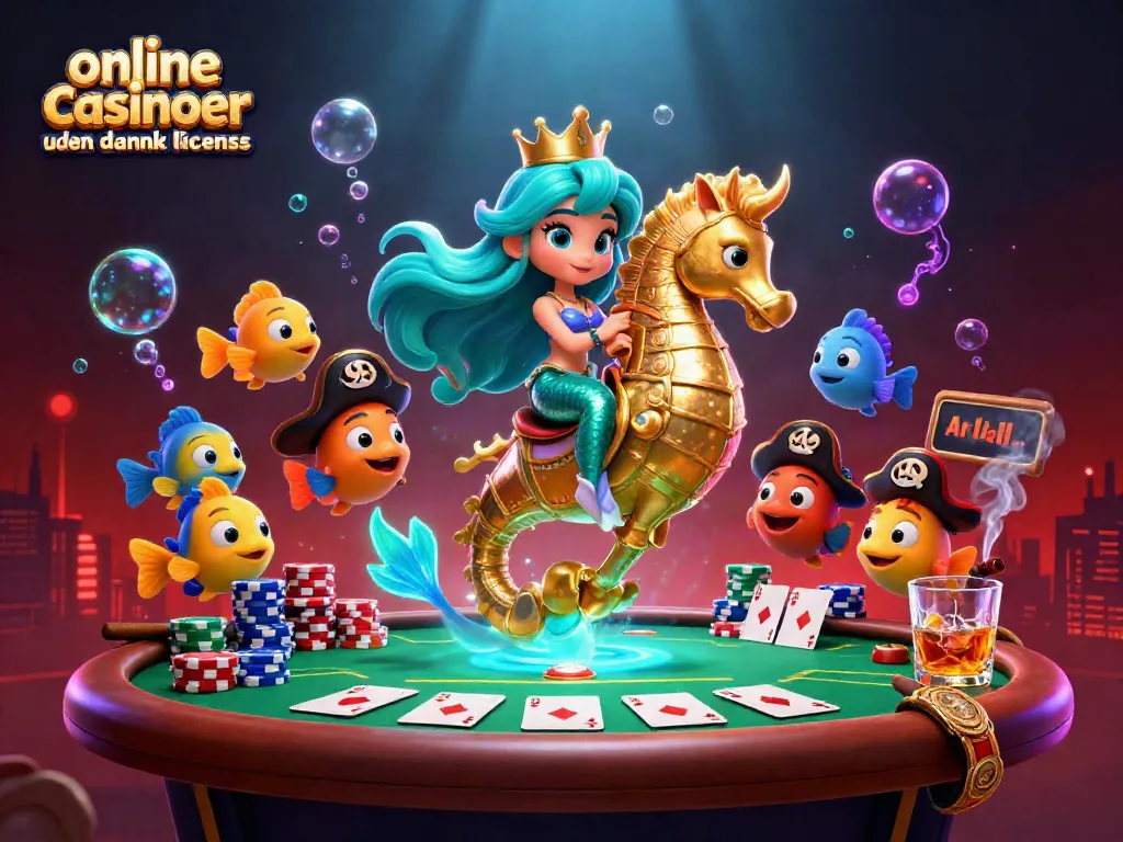 Engage with online casinoer uden dansk licens in an adventurous underwater poker scene, featuring a mermaid princess.