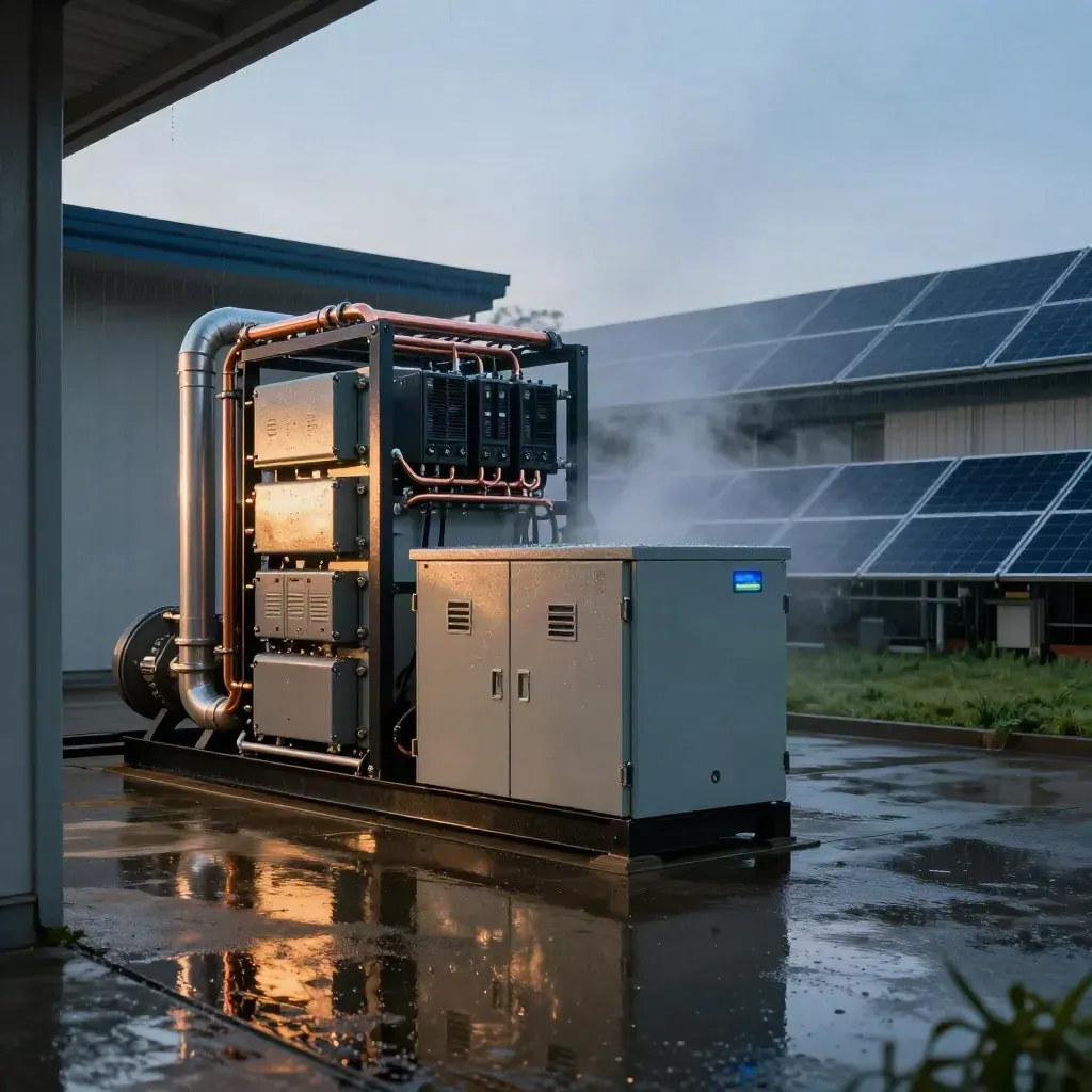 Rain-soaked electrical yard with generator, battery cabinets, inverter stacks and solar panels at dawn.