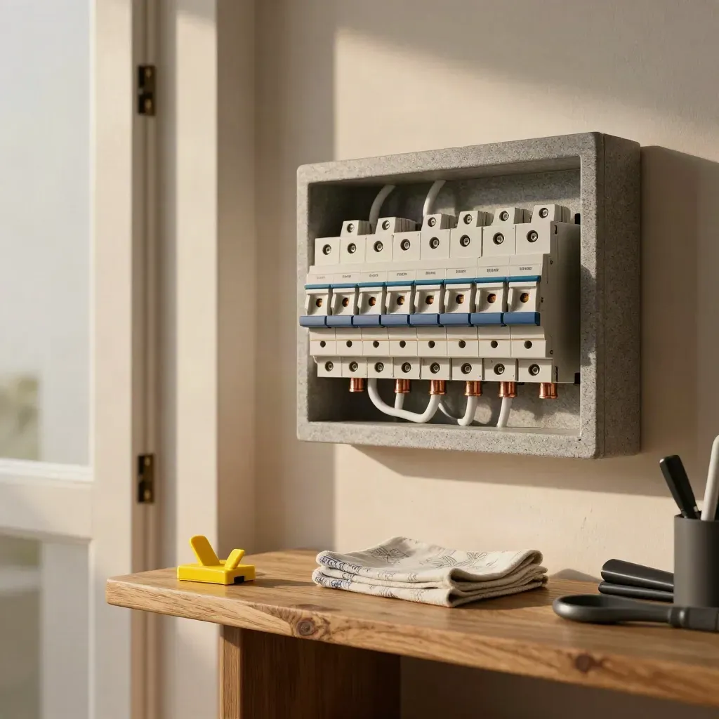 Upgraded home electrical panel with copper tails, conduit, and utility shelf in warm daylight