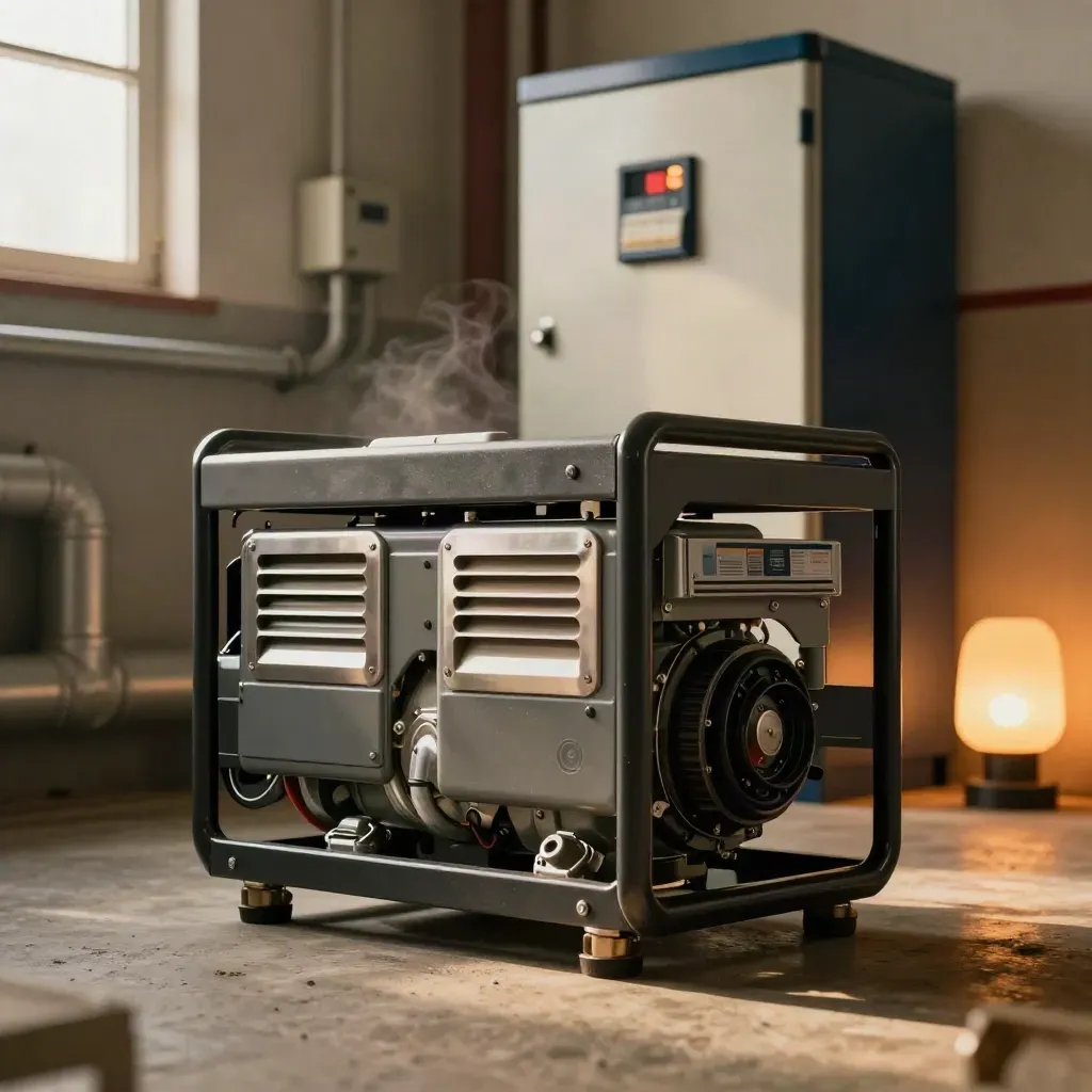 Backup generator and transfer switch in a warm plant room, mid-transfer, floor-level view