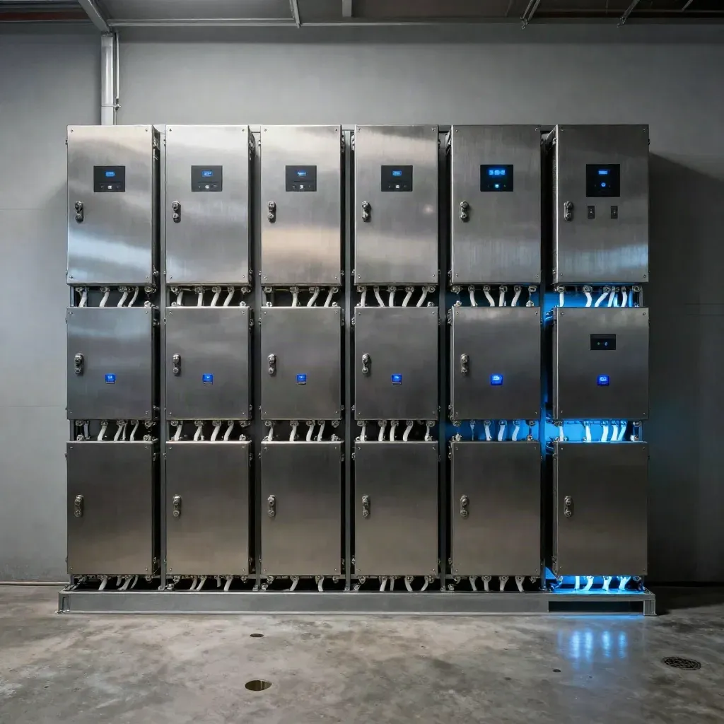 Symmetrical battery storage wall with blue status glow in a quiet utility bay.