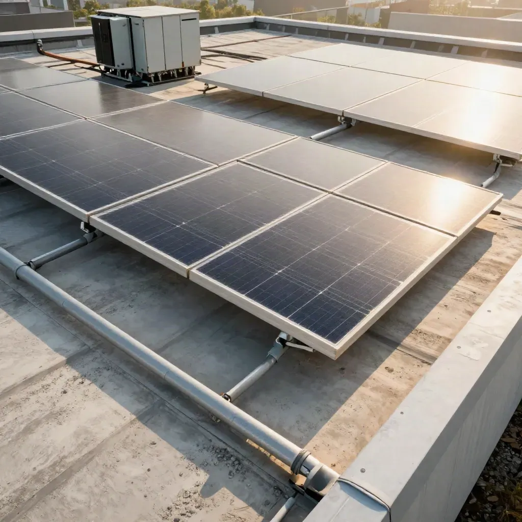 Solar panels feed an inverter stack on a rooftop service wall in bright midday sun.