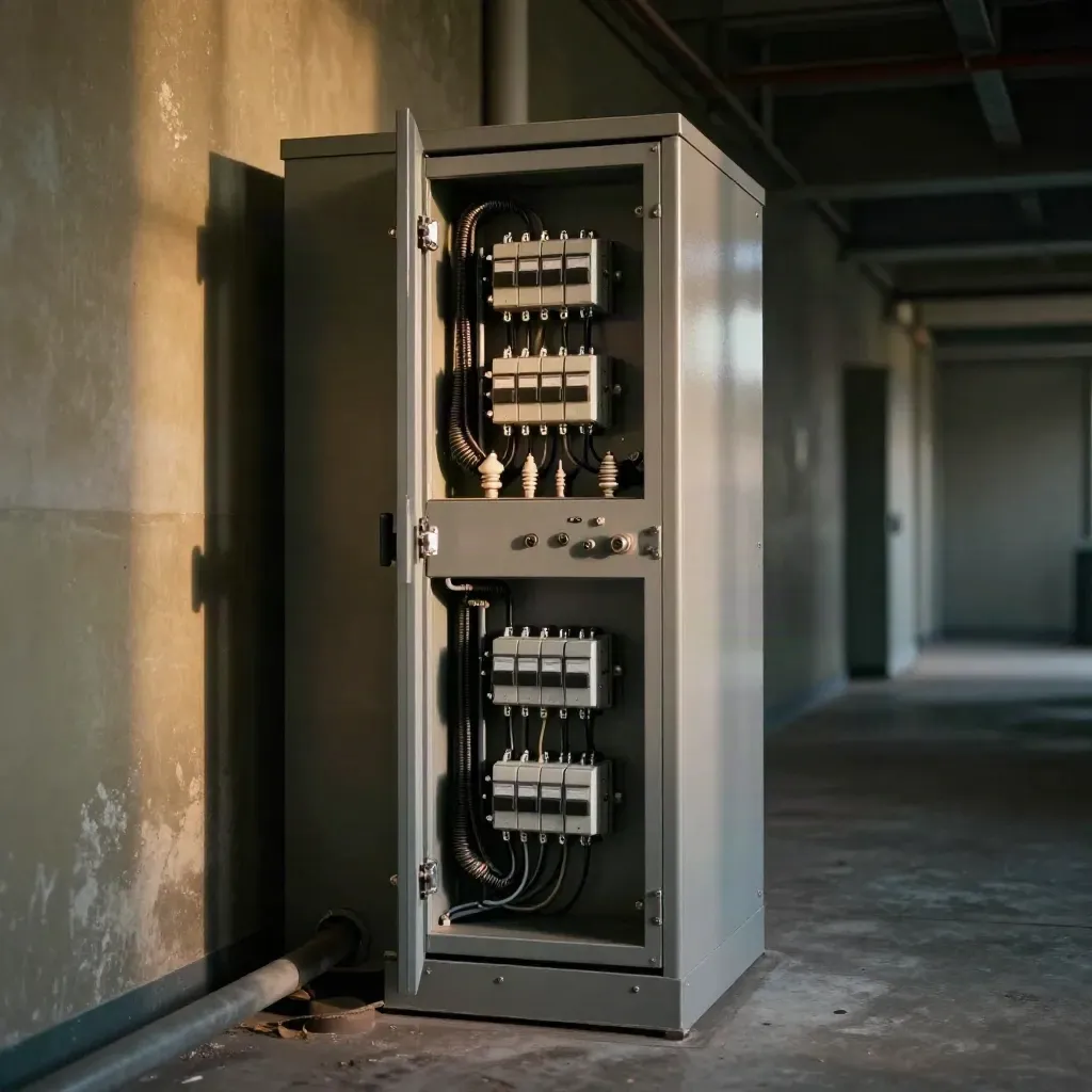 Low three-quarter plant corridor switchboard with relay controls and cable arcs in dramatic shadow.