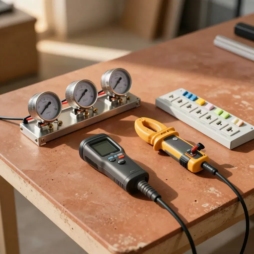 Overhead energy-audit tools on a terracotta worktop: meter rack, thermal unit, clamp meter and outlet board.