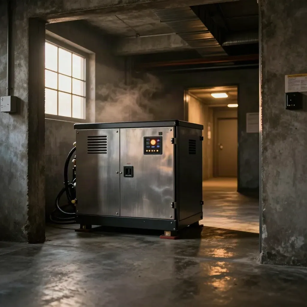 Hotel basement generator room glowing at the threshold, backup power running beside a transfer cabinet.