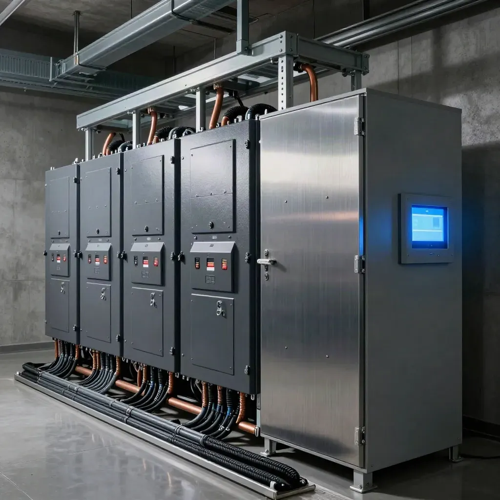 Empty switchroom with feeder banks, cable trays, and a blue-lit load monitor cabinet.