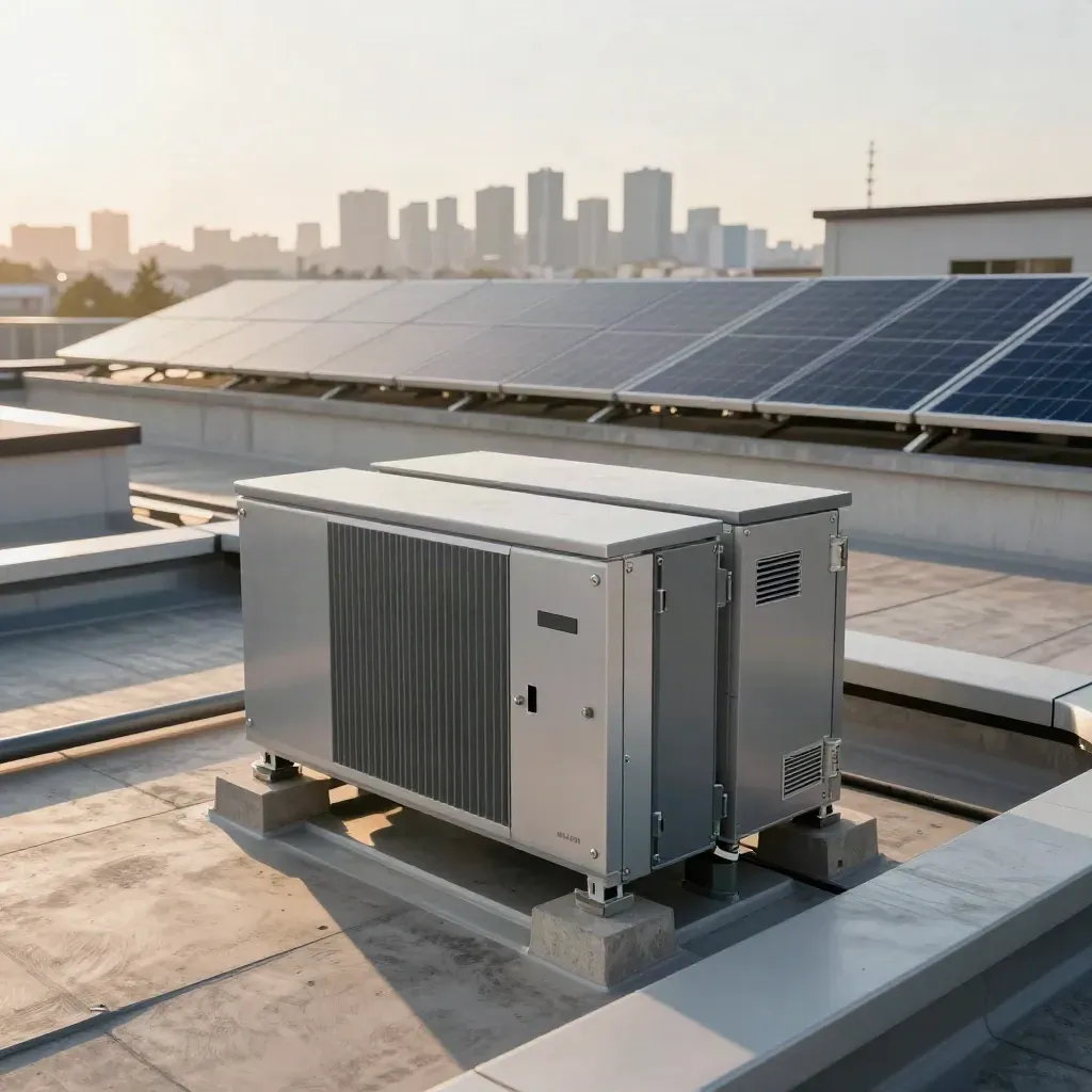 Rooftop solar inverter corner beside battery cabinets and city skyline in bright haze.
