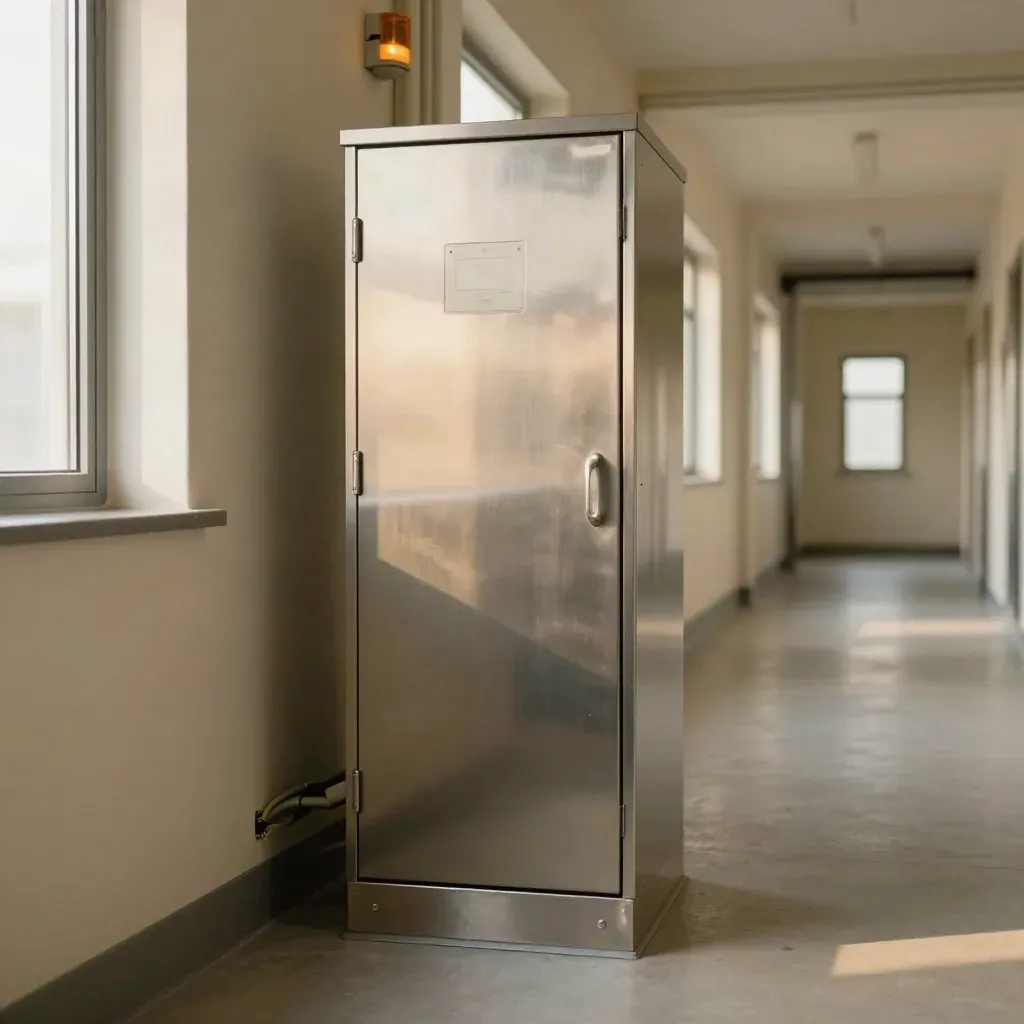 Transfer-switch cabinet and backup panel glowing in a calm service corridor