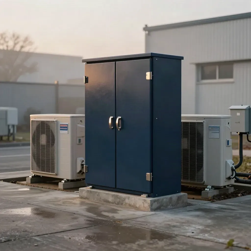 Serviced navy distribution cabinet beside condensers in a misty service lane