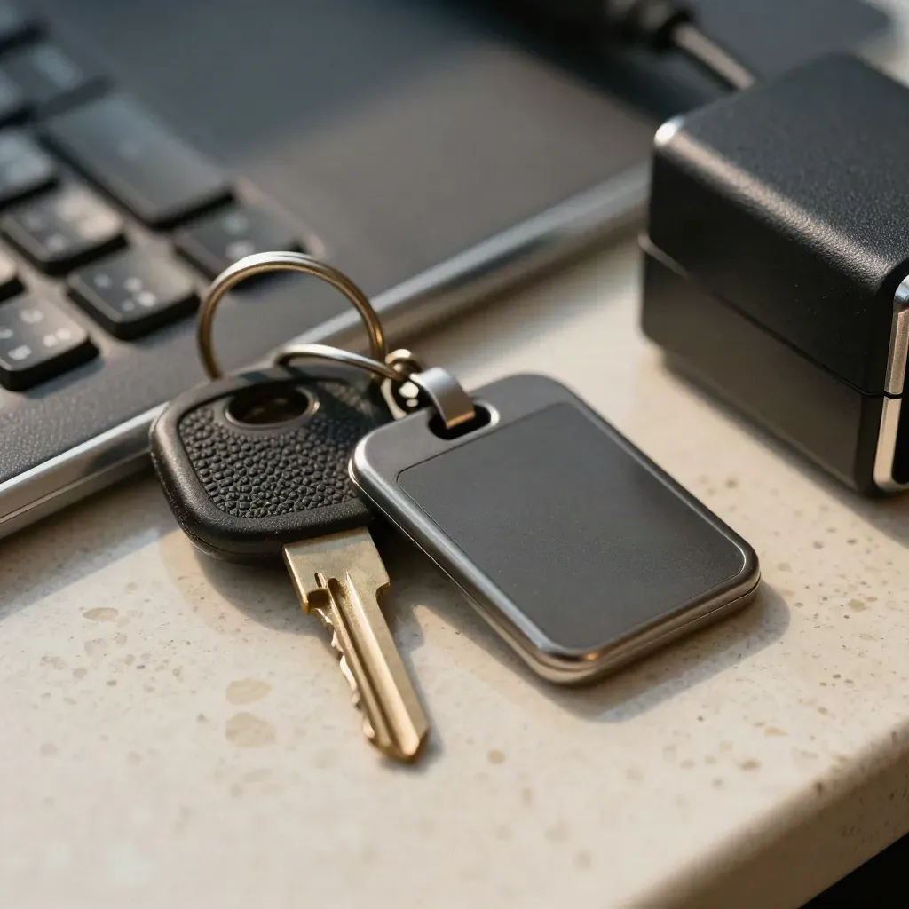Macro still life of dispatch keys, radio handset, access fob and charger on travertine.
