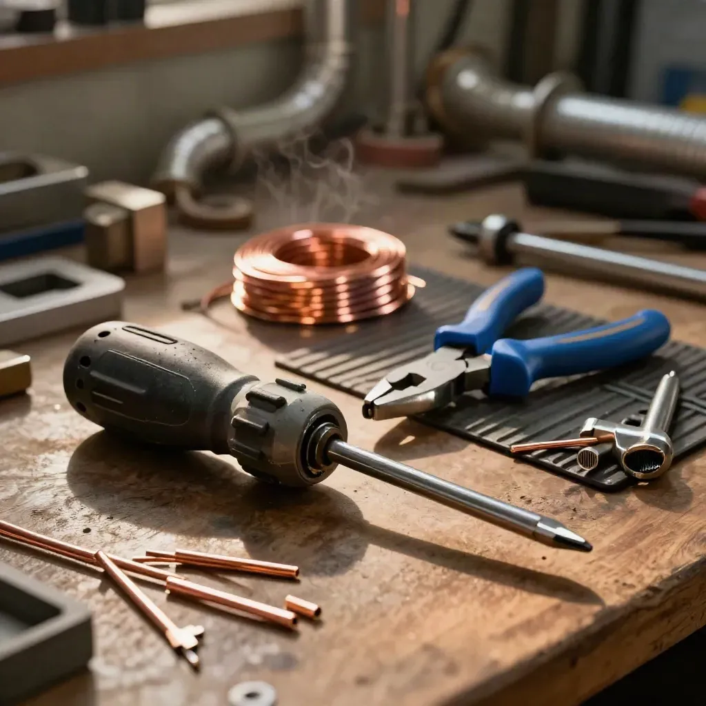 Electrician’s bench tools and copper ferrules on a rubber mat in dramatic workshop light