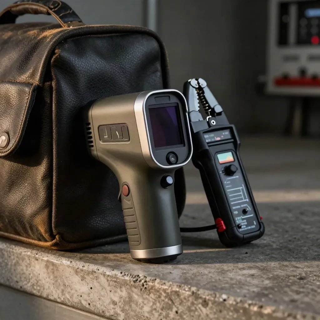 Thermal camera, clamp meter and power logger against a meter bag on a concrete ledge.
