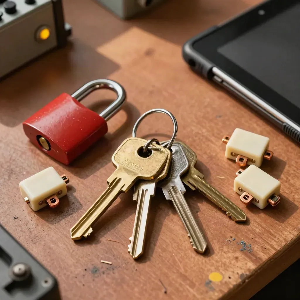 Top-down still life of keys, lockout padlock, contact blocks and a closed rugged tablet on a workbench.