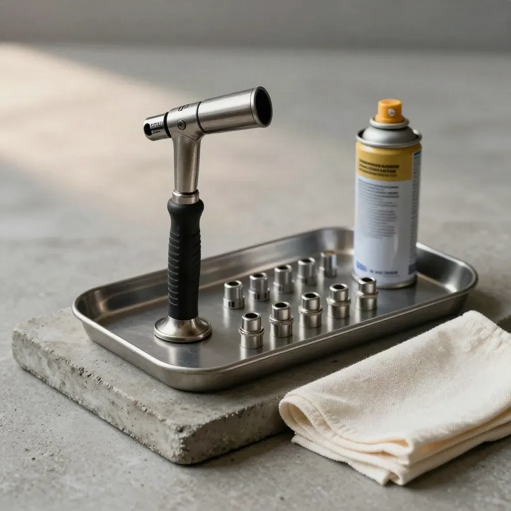 Maintenance torch, contact set, connector caps and service spray can on a concrete tray.