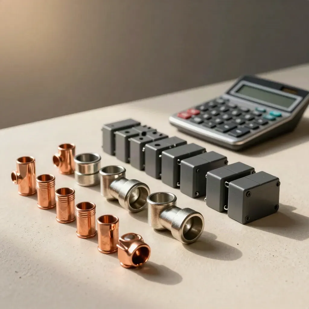 Copper lugs, conduit elbows, breaker modules, and a rugged calculator on pale plaster.