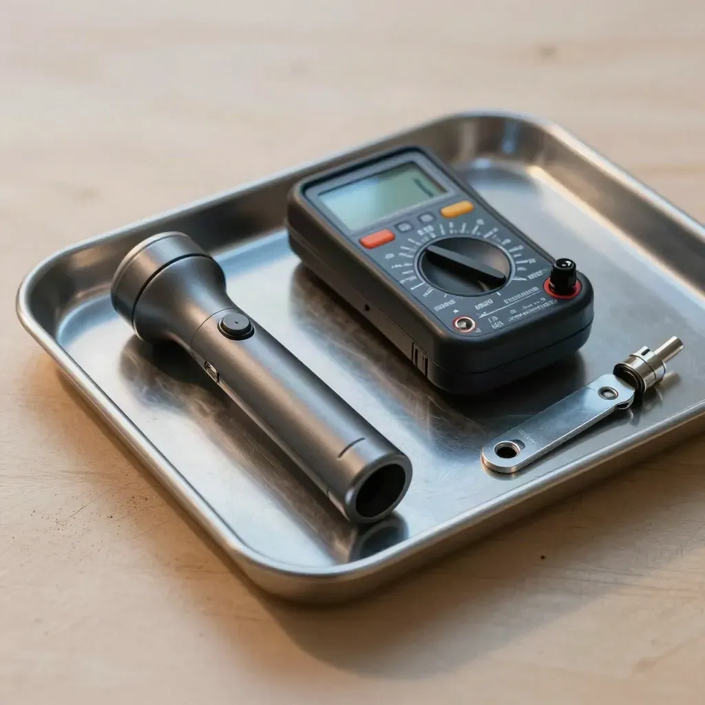 Lockout kit, torch, multimeter and access fob on a brushed steel tray.