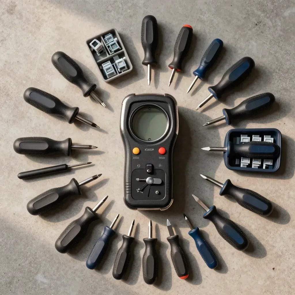 Overhead flatlay of a loop tester, screwdrivers, fuses, and test lead on pale concrete.