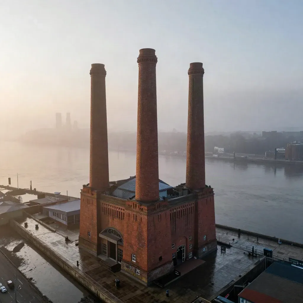Poolbeg chimneys over misty Dublin docks at dawn with wet quay stone