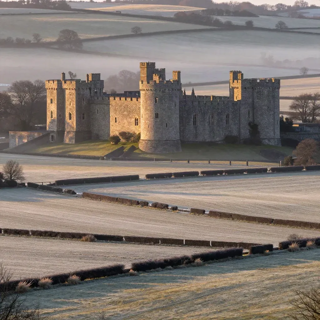 Trim Castle rises over misty Boyne valley fields at golden hour with calm open space below.