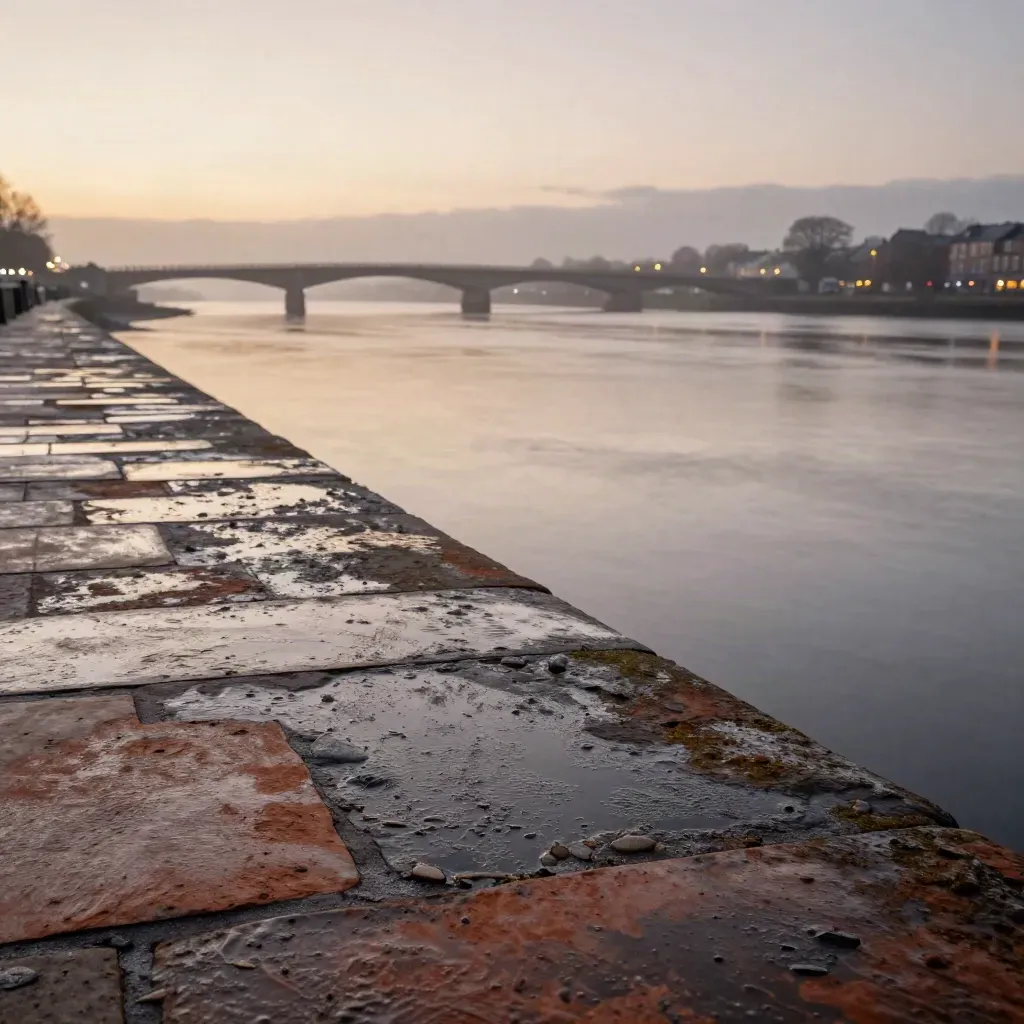 Wet Waterford quay stone and Suir estuary at dusk, bridge lights glowing through haze