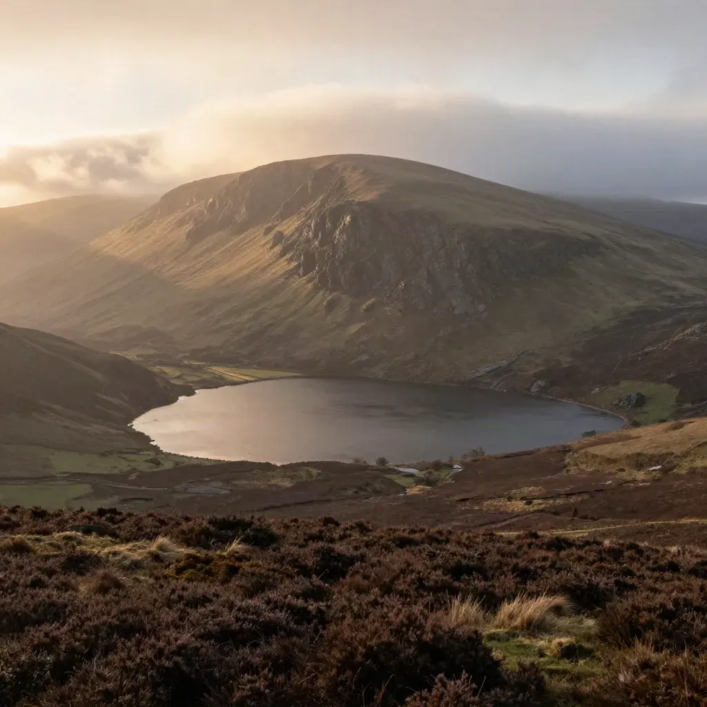 Wicklow Mountains at sunrise with a dark lake, heather slopes, and misty clouds