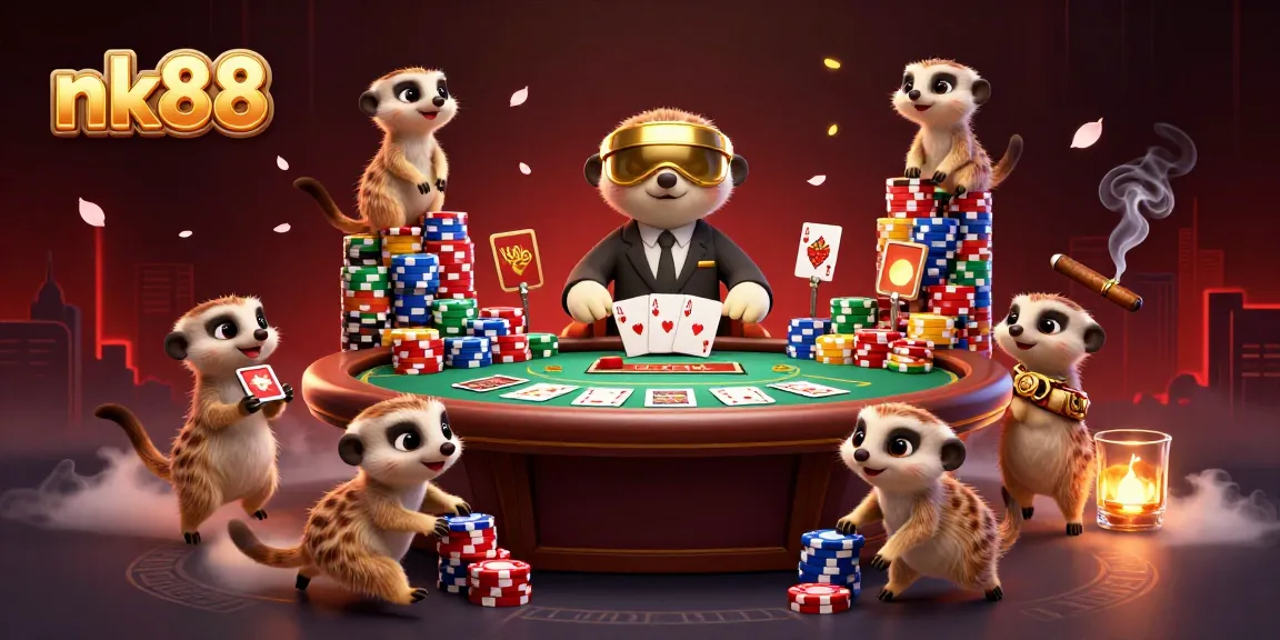 Experience dynamic gaming action at nk88 with a lively meerkat casino scene showcasing poker excitement.