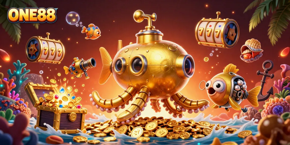 ONE88 invites you to dive into thrilling slots with a cartoon kraken and treasure-filled underwater scene.