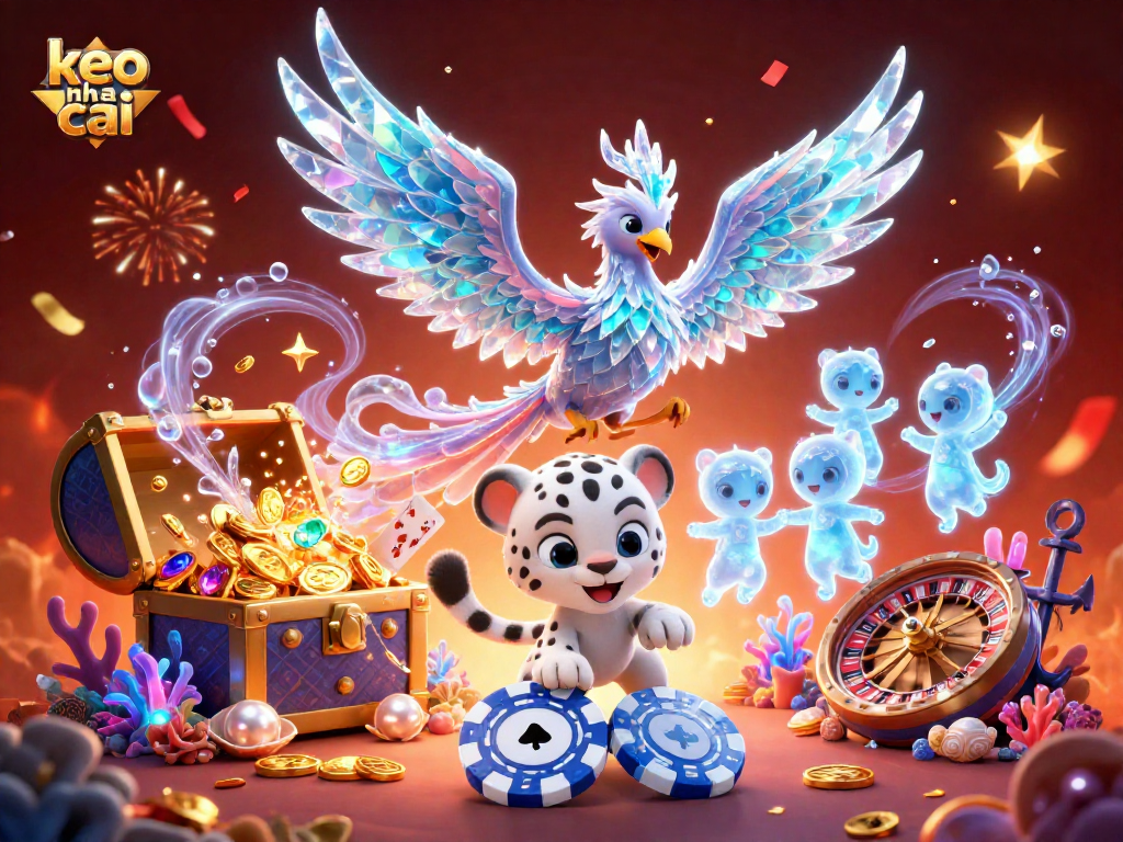 Enhance your gaming with keo nha cai as the ice phoenix and poker chip collide in a vivid casino scene.