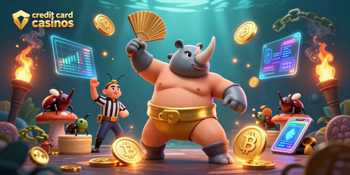 Celebrate wins at credit card casinos with a dynamic 3D scene of a beetle champion smashing coins.