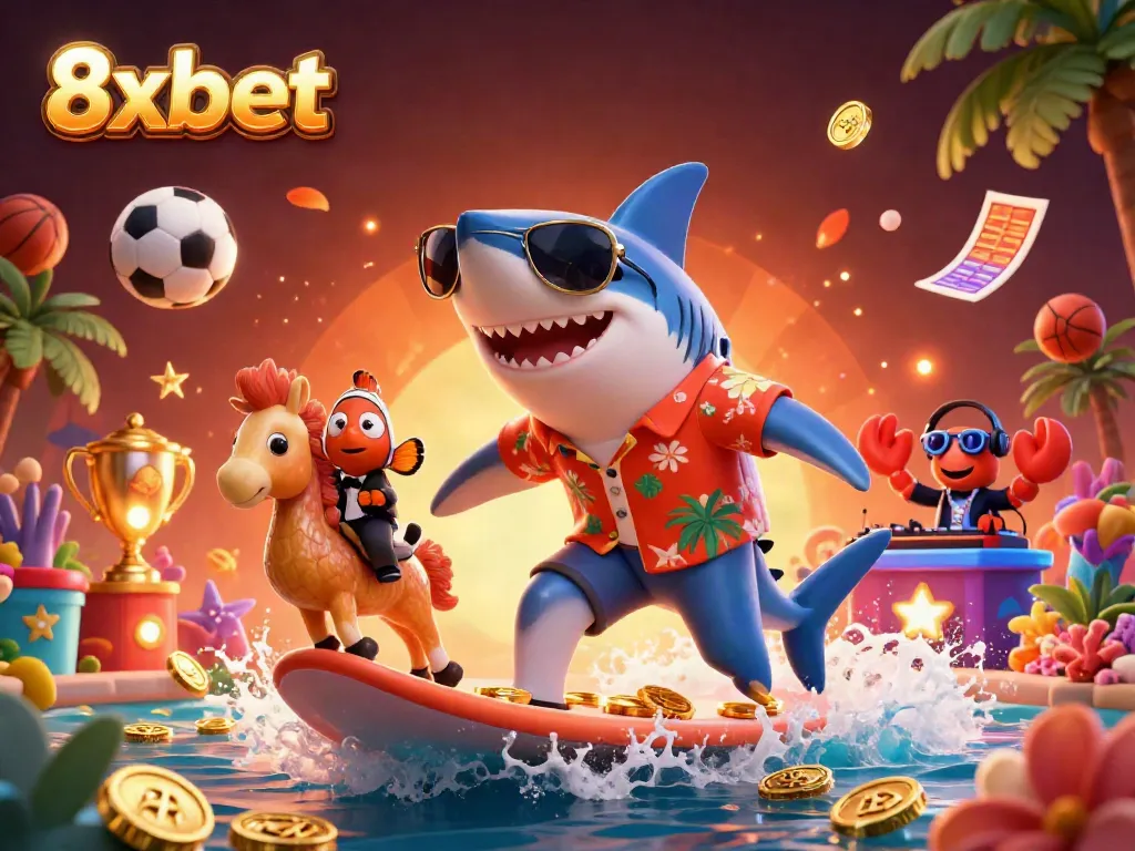 Betting excitement at 8xbet with a shark riding gold coins amidst sports trophies and cheering crowds.