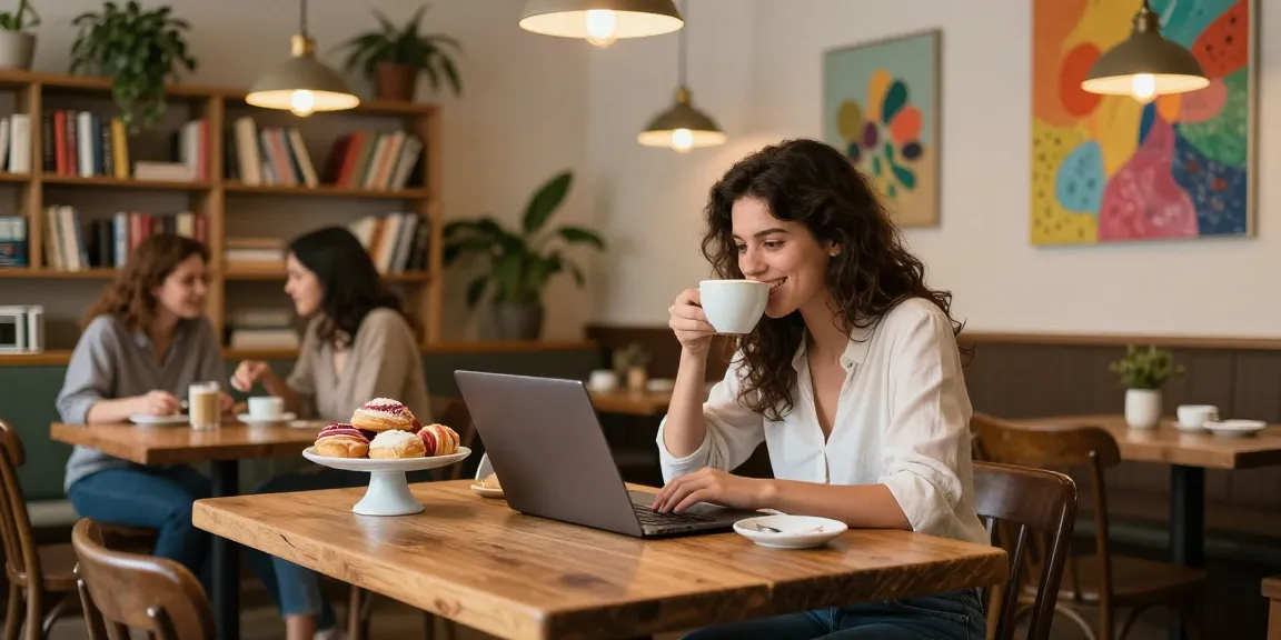 Young woman enjoying a latte while typing about her crush in a cozy cafe.