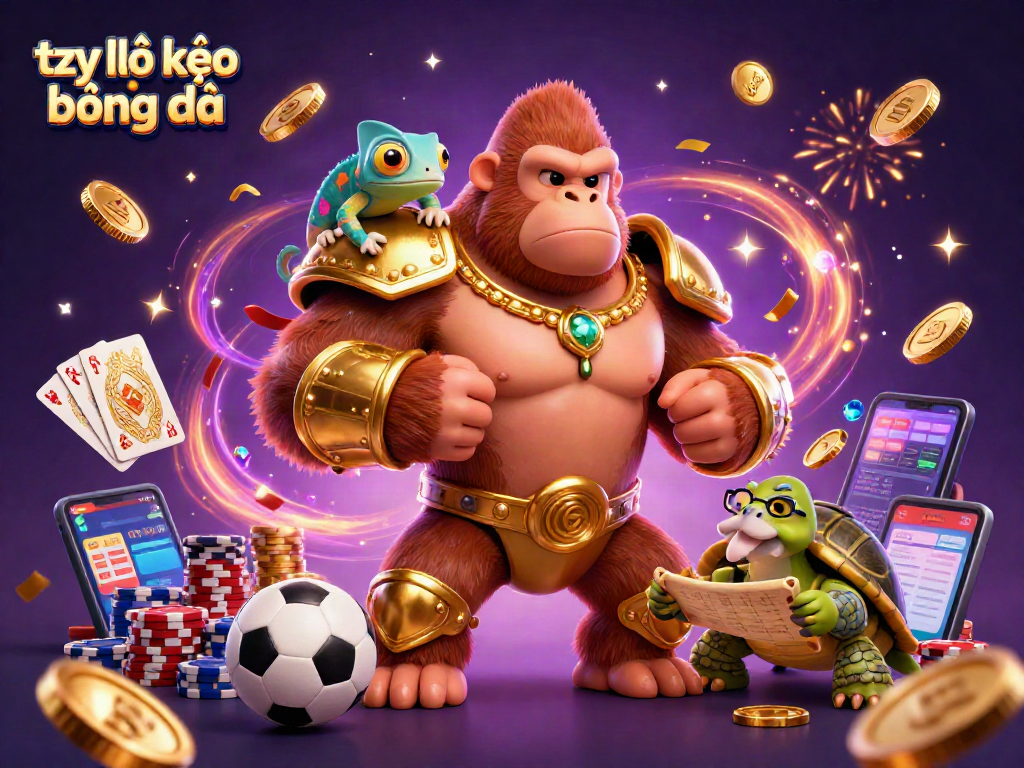 Engage in tỷ lệ kèo bóng đá with a powerful gorilla king, showcased in an exciting sports betting atmosphere.
