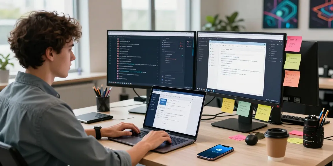 Young professional using Telegram Web Version on laptop in a modern workspace.