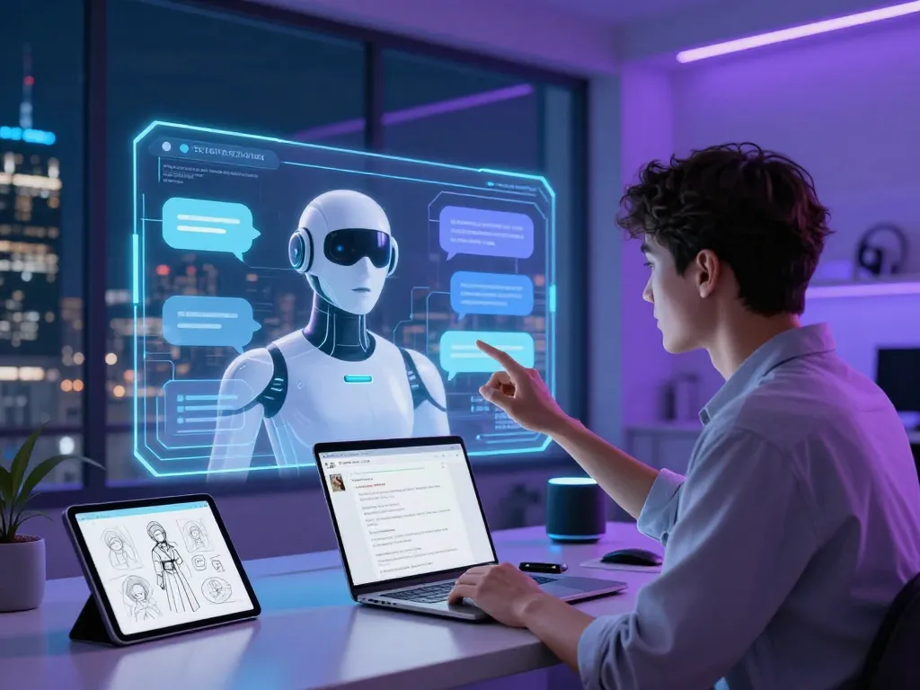 User engaging with crush ai chatbot in a futuristic setting, showcasing vibrant interaction features and advanced technology.