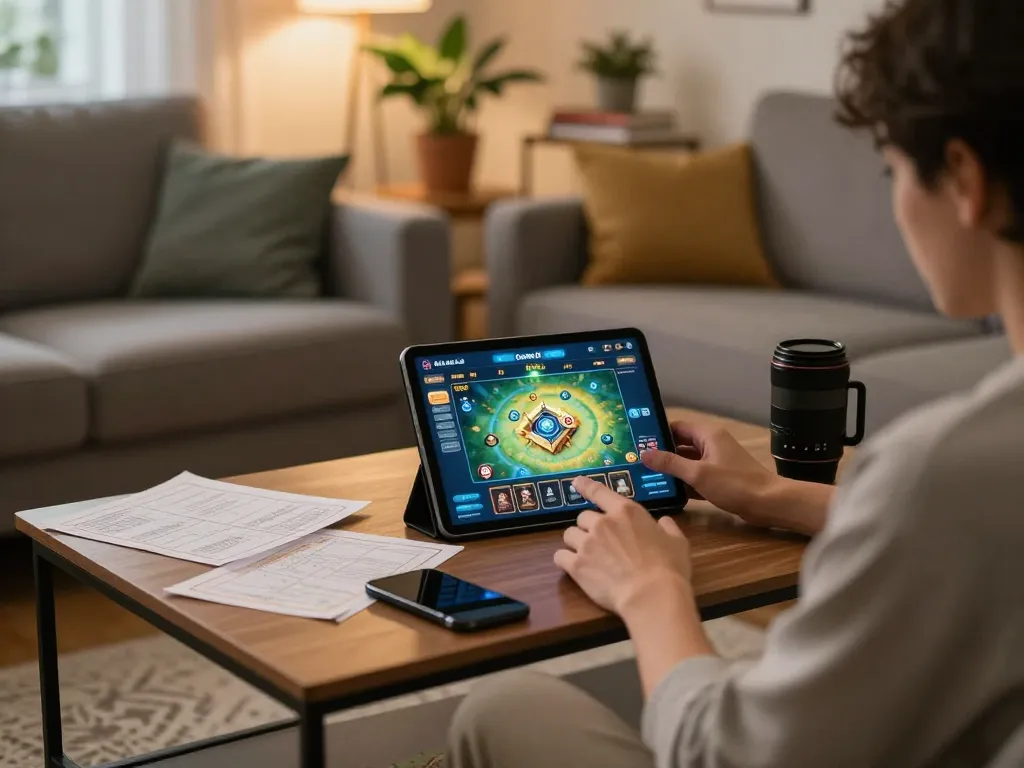 Player enjoying 68 Game Bài on a tablet in a cozy home environment with gambling strategy notes