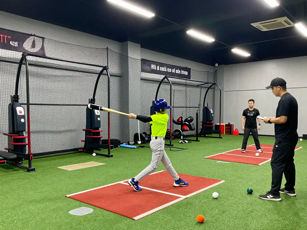 Young athlete practicing at hitclub training facility, vibrant baseball scene.
