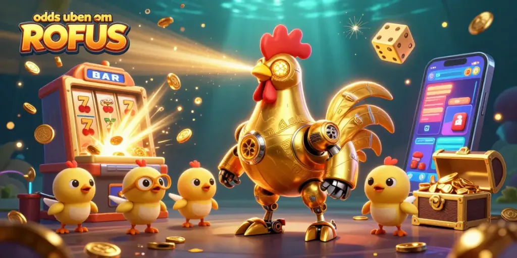Experience thrills with odds uden om ROFUS from a dazzling, dynamic casino scene featuring a golden rooster robot.