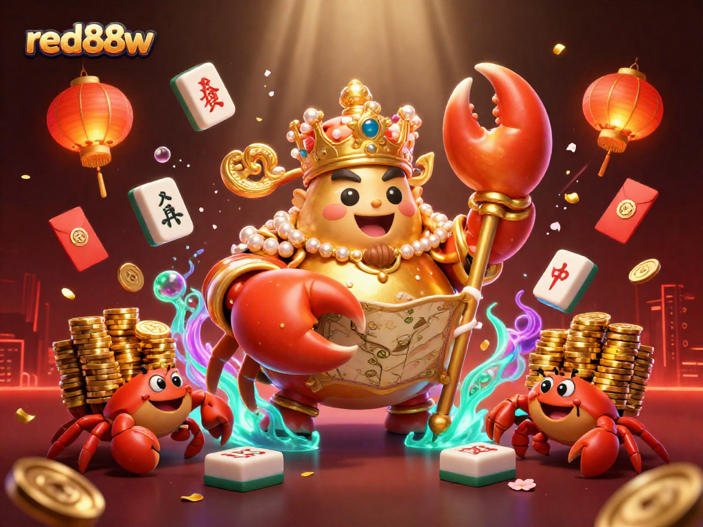 Experience the excitement and rewards of gaming with red88w, featuring a lively 3D golden crab emperor surrounded by lucky symbols.