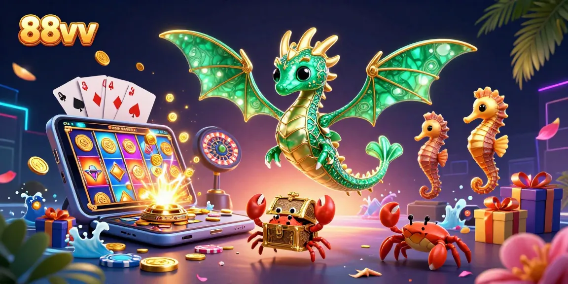 Engage your luck with 88vv's lively sea dragon illustration centered around vibrant slot gaming elements.