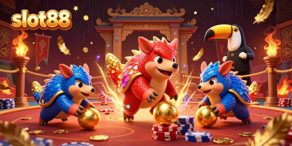 Experience thrilling gameplay with slot88 through dynamic pangolins battling in a vibrant casino setting.